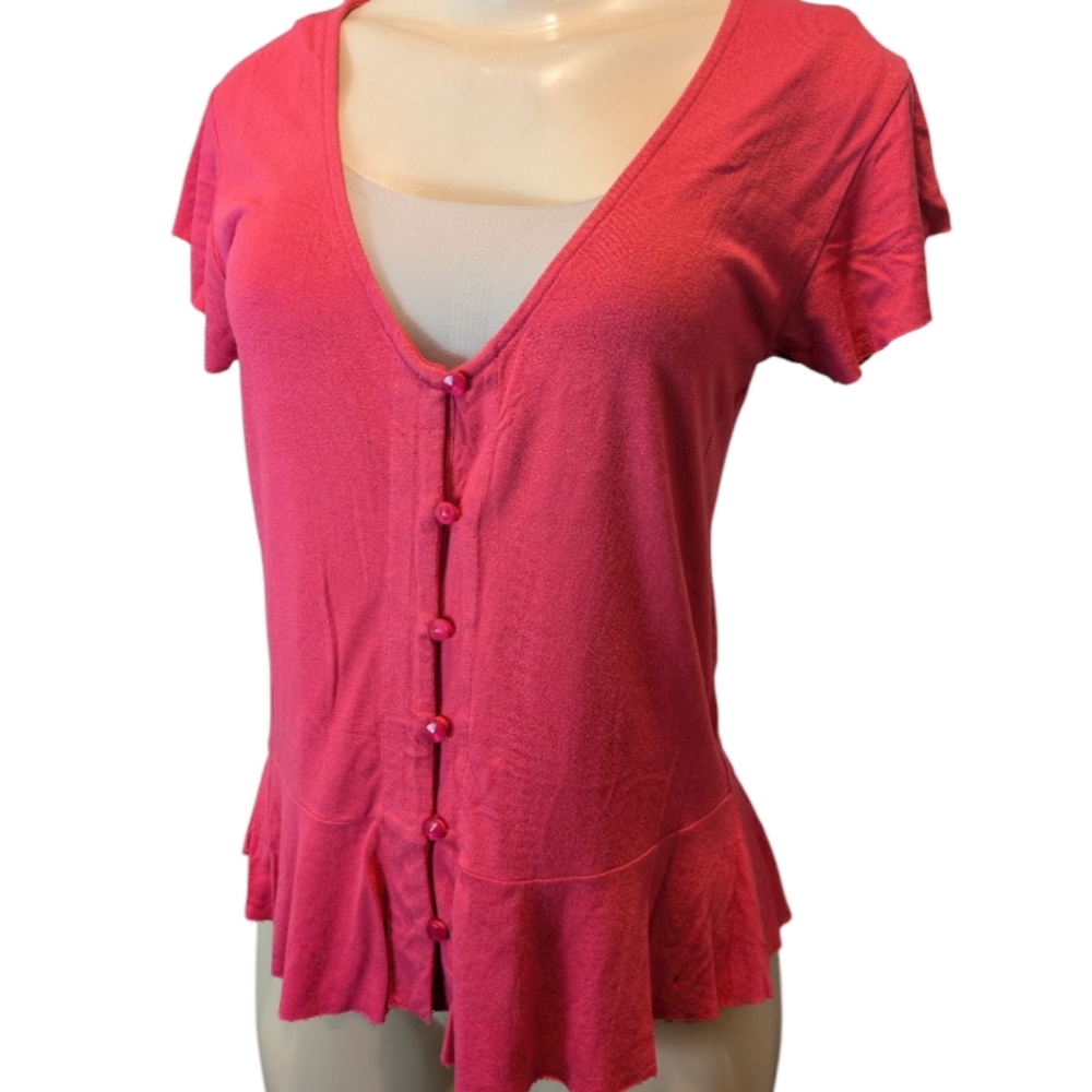 BP Coral Pink V-Neck Button Down Flowy Peplum Short Sleeve Raw Hem Top XS